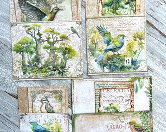 4 Handmade Journal Pockets with Cards, Bird Journal Cards, Botanical Journal Cards, Journaling Supplies, Junk Journal Cards, Ephemera Cards