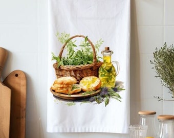 Tea Towel, Flour Sack, Olive Oil and Bread Towel, Picnic Time Towel, Bridal Shower Gift, Italian Kitchen Decor, Cooking Kitchen Gifts