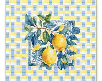 Canvas Gallery Wrap, Canvas Wall Art, Blue and Yellow Decor, Lemon Tile on Blue and Yellow Canvas, Canvas Art, Gallery Wrap, Lemon Tile Art