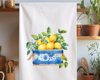 Chinoiserie with Lemons Tea Towel, Flour Sack, Lemons in Chinoiserie Bowl Towel, Hostess Towel, Kitchen Decor, Dishcloth, Lemon Tea Towel