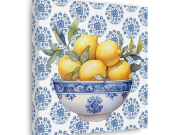 Canvas Gallery Wrap, Lemon Print, Lemon Wall Decor, Lemon Wall Art, Kitchen Decor, Blue and White Decor, Fruit Decor, Chinoiserie Art, Gift