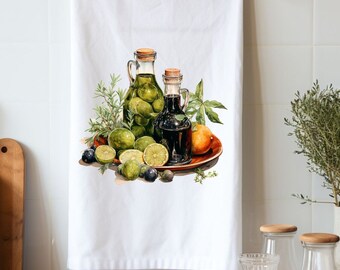 Oil and Vinegar Tea Towel, Flour Sack, Italian Style Towel, Cook's Gift, Kitchen Cooking Gift, Kitchen Towel, Dishcloth, Hostess Gift