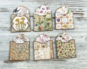 6 Handmade Mini Journal Pockets, Journal Cards, Botanical Journal Pocket, Botanical Journal Cards, Journaling Supplies, Junk Journal Pockets