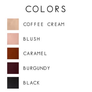 K&ouml;nnte beinhalten: F&uuml;nf Farbmuster mit den Bezeichnungen "Coffee Cream", "Blush", "Caramel", "Burgundy" und "Black".