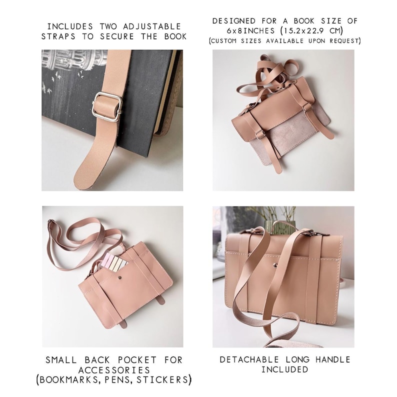 K&ouml;nnte beinhalten: Eine hellrosa Leder-Buch-Tasche mit zwei verstellbaren Riemen, einem langen abnehmbaren Griff und einer kleinen R&uuml;ckentasche. Die Tasche ist f&uuml;r ein Buch der Gr&ouml;&szlig;e 15,2 x 22,9 cm konzipiert.  "INCLUDES TWO ADJUSTABLE STRAPS TO SECURE THE BOOK" und "DESIGNED FOR A BOOK SIZE OF 6x8INCHES (15.2x22.9 CM) (CUSTOM SIZES AVAILABLE UPON REQUEST)" sind auf dem Bild aufgedruckt.