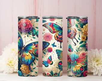 Beautiful Butterfly Floral Tumbler Wrap 20oz Skinny Sublimation Design, Instant Digital Download PNG, Straight Sublimation
