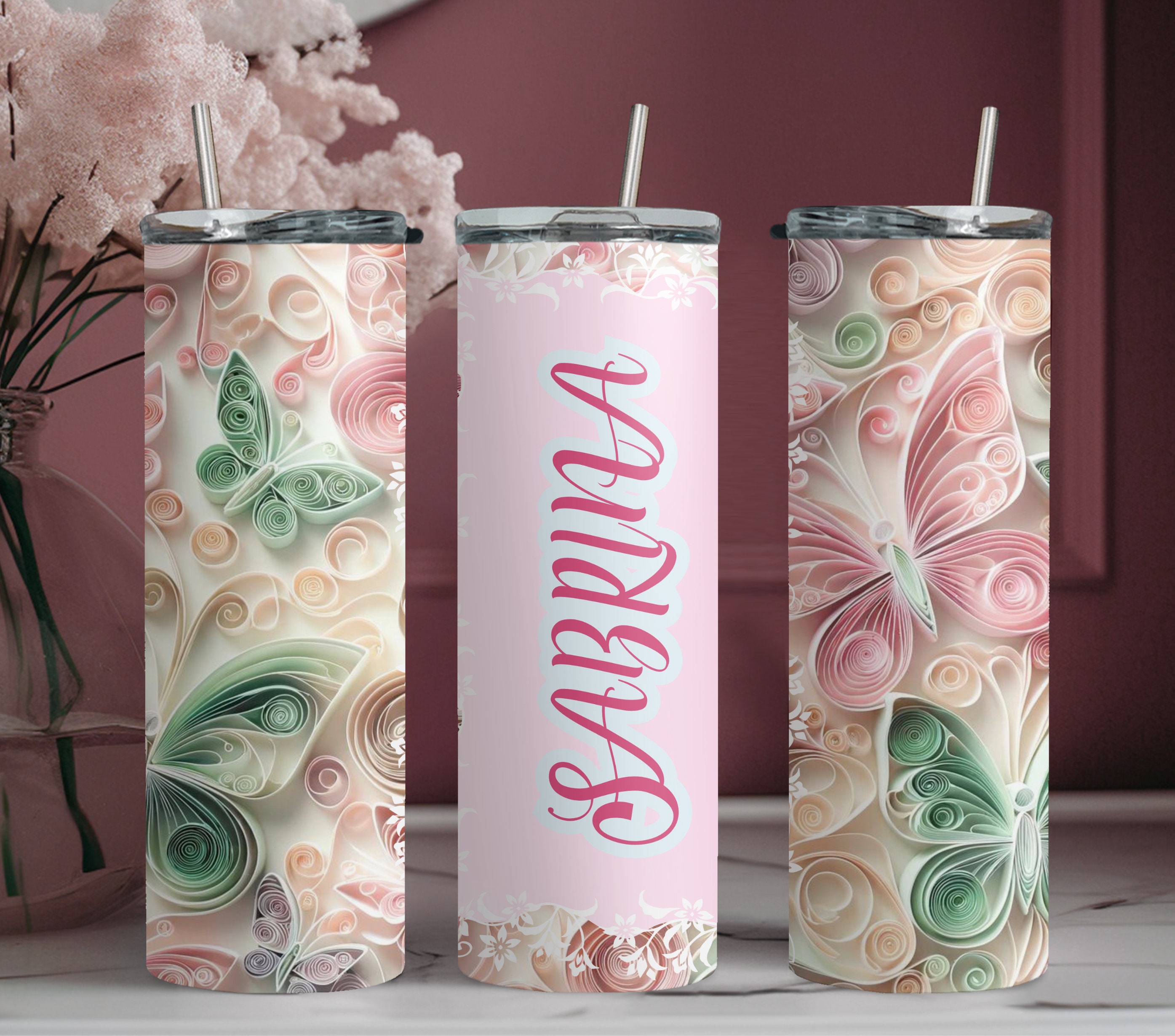 Butterfly Add your Own Text Tumbler Wrap 20oz Skinny straight Sublimation Design, Instant Digital Download PNG