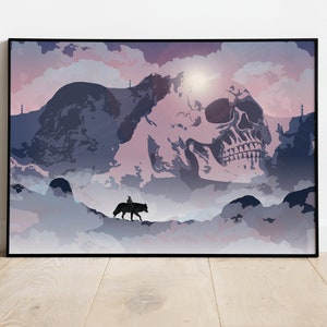 May include: Framed art print depicting a surreal landscape with a giant skull in the sky. A silhouetted figure rides a wolf across a misty terrain. The colour palette includes shades of blue, pink, and purple.
