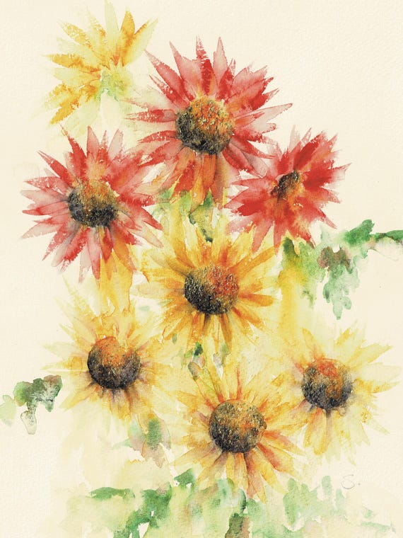 Original Vibrant Sunflower Bouquet Watercolor Painting - Botanical Wall Art - 9x12 Inches (22.86 x 30.48 cm) - Matted & Ready to Frame