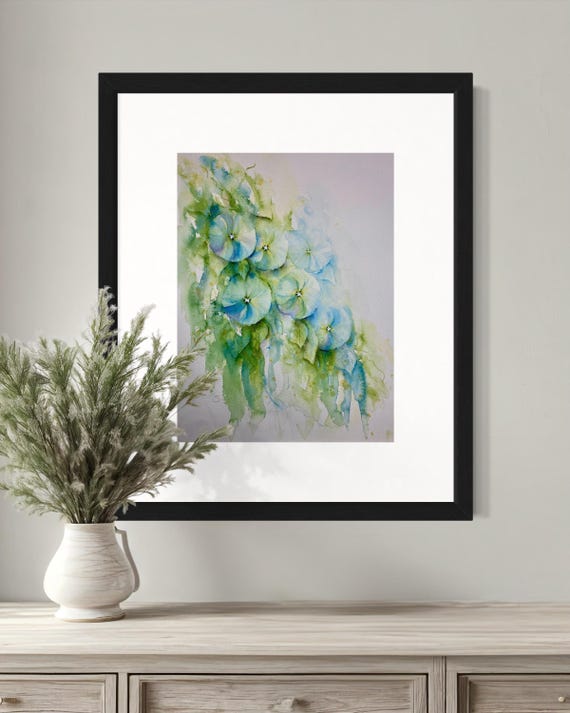 Original Morning Glory Cascade Watercolor Painting - 9x12 Inches (22.86 x 30.48 cm) - Matted & Ready to Frame