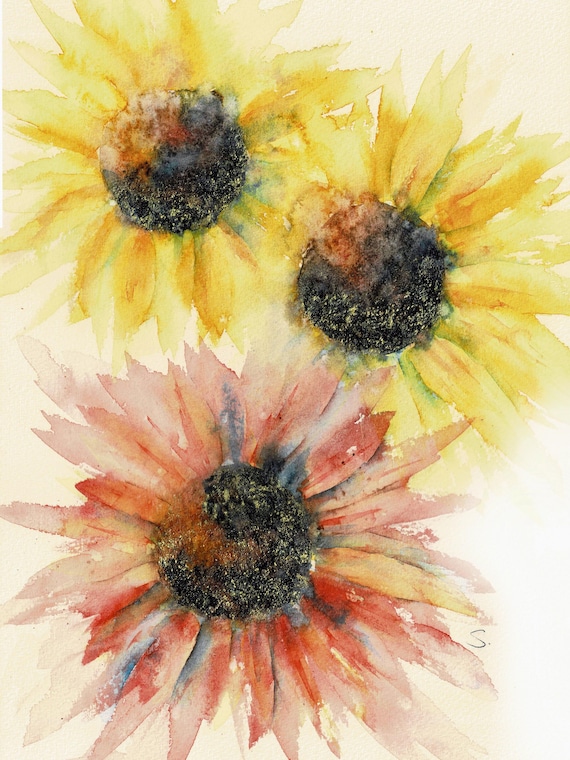 Original Sunflower Trio Watercolor Painting - Botanical Art - Wall Art - 9x12 Inches (22.86 x 30.48 cm) - Matted & Ready to Frame