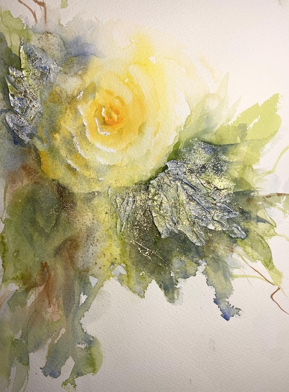 Original Golden Rose Watercolor Painting - Textured - 9x12 Inches (22.86 x 30.48 cm) - Matted & Ready to Frame
