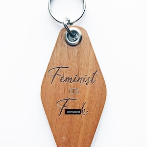 Motel Keychain. Wood Keychain. Mature. Key Fob. Feminist.