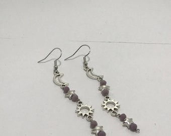 Boucles d'oreilles lune et étoiles avec pierres violettes