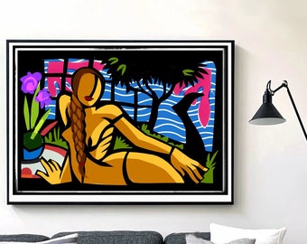 La Playa - lush tropical colors, strong contemporary seated nude, flowers and trees in this dramatic, sophisticated wall piece for the home.
