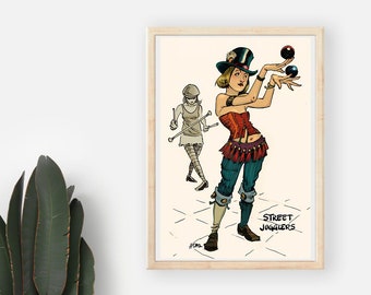 Street Jugglers - woman performers: tradigital pen and ink wall art accent home decor drawing; digital download