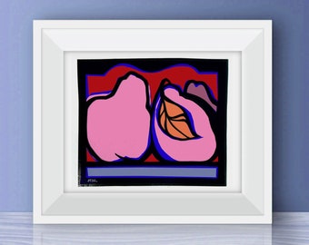 Pears in Pink and Blue- digital download printable home decor wall art for kitchen, living room; minimalist contemporary, bold colors.