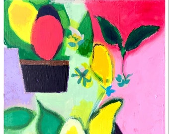Floral 01 - oil on panel; 24" x 18"; home decor item in hot pink and cool greens; one of a pair