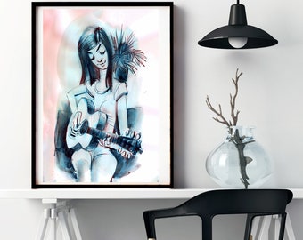 the Guitar Player - sensitive tradigital pen and ink wall art accent home decor drawing; digital download