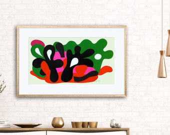 Collage in Pink & Green: digital download printable home decor wall art for kitchen, living room; minimalist contemporary, bold colors.