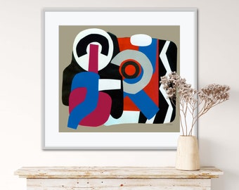 Collage in Red and Blue: digital download printable home decor wall art for kitchen, living room; minimalist contemporary, bold colors.