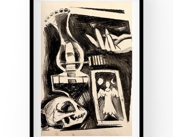 Still Life w Cat Skull: expressionist still life, drawn in china marker on vintage paper