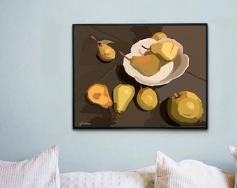 Pears 01: original fruit still life, digital download, digital painting in warm harvest tones, home decor wall art for kitchen, living room.
