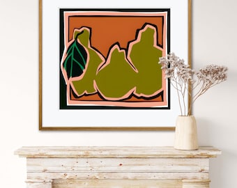 Pears in Pink & Green: digital download printable home decor wall art for kitchen, living room; minimalist contemporary, bold colors.
