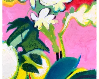 Floral 02 - oil on panel; 24" x 18"; home decor item in hot pink and cool greens; one of a pair