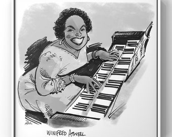 Jazz, Ragtime Piano Player Winifred Atwell portrait; printable pen and ink home decor digital download