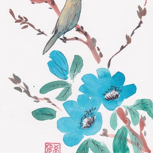 Blauwe vogelbloesem aquarel notitie kaarten doos van 10