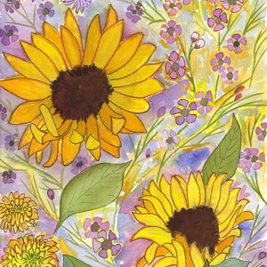 Cartes de correspondance aquarelle tournesol, boîte de 10