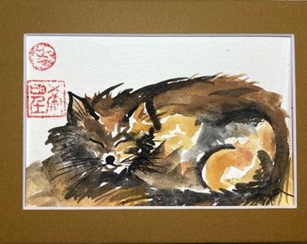 Art original du renard d’hiver à l’aquarelle