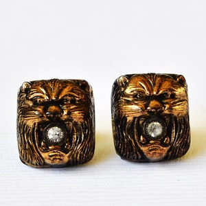 Lion&#39;s Head Black and Gold Vintage Glass Studs, With Rhinestones