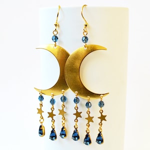 Gold Crescent Moon and Stars Brass Chandelier Earrings