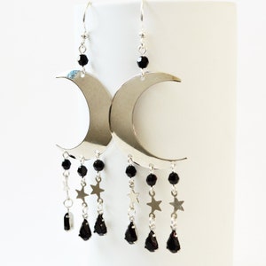 Silver Crescent Moon and Stars, Brass Black Teardrop, Swarovski Crystal, Celestial Chandelier Earrings