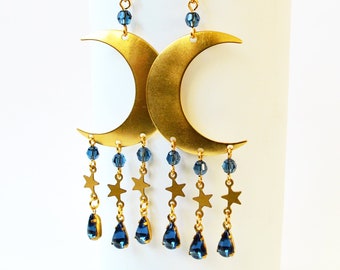 Gold Crescent Moon and Stars Brass Chandelier Earrings