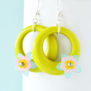 Chartreuse Floral Lucite Hoops Earrings