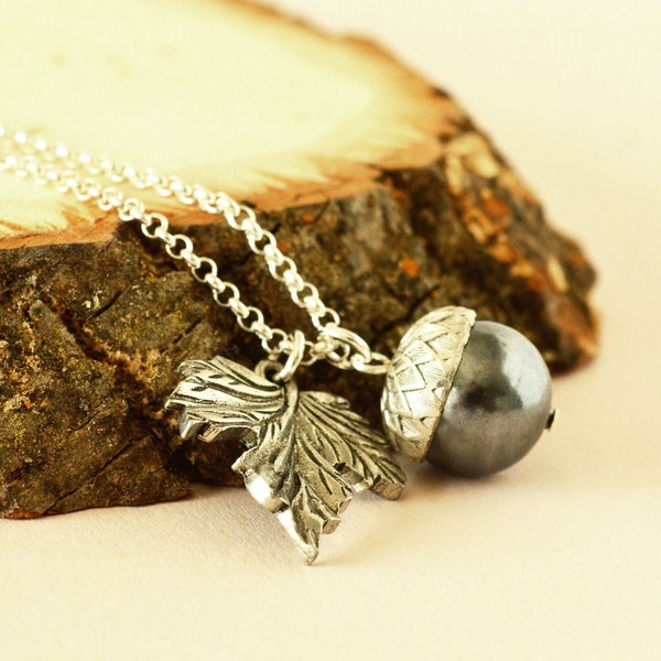 Silver Wood Acorn Charm Necklace, with Silver Pewter Maple Leaf