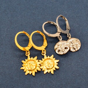 Brass Sun and Moon Hoop Earrings, Gold Sun, Silver Moon