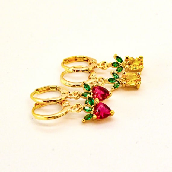 CZ Fruit Hoop Earrings: 18kt Gold Plated Strawberry & Pineapple Huggies