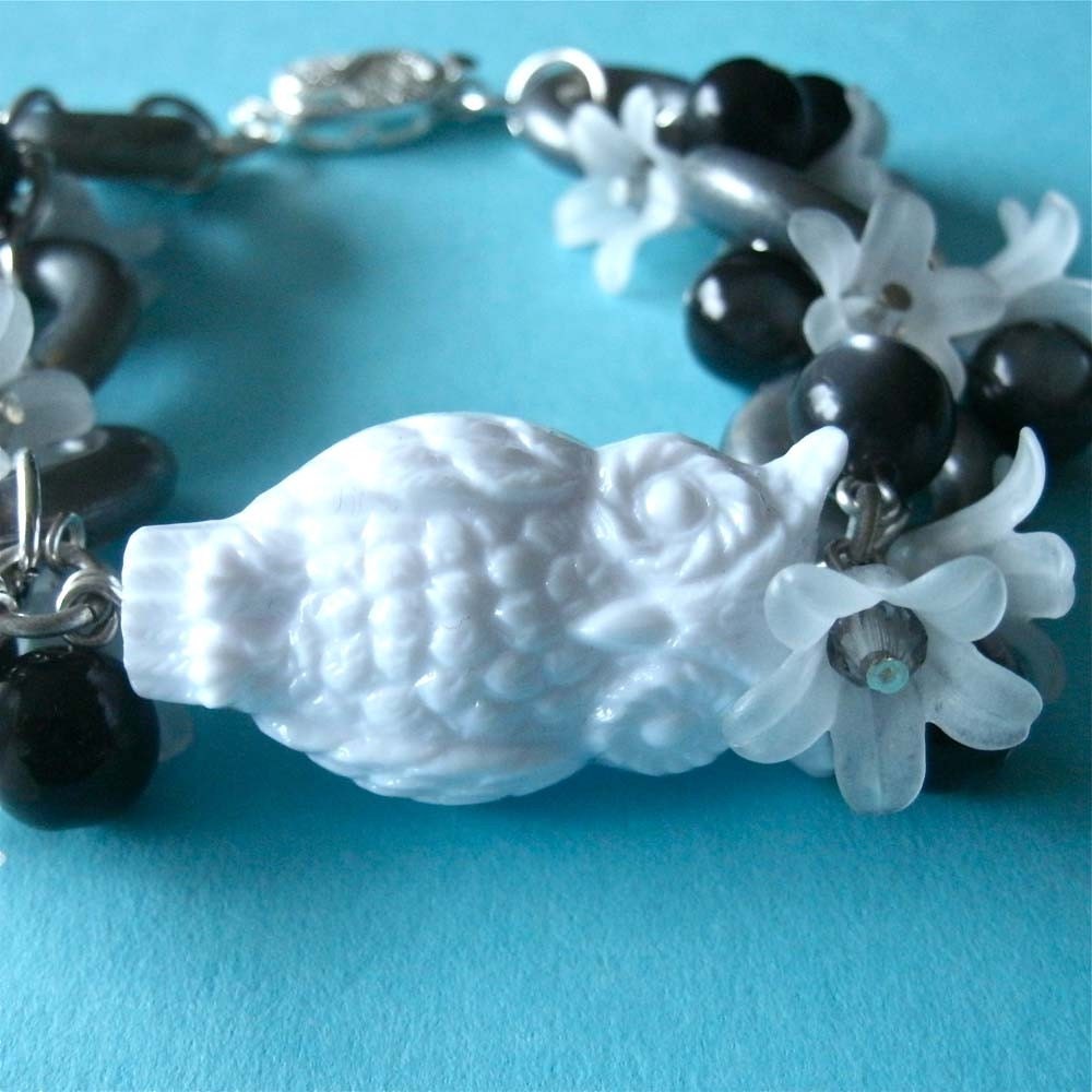 White Owl Charm Bracelet w/ Lucite Flowers, Black Beads, Grey Hoops
