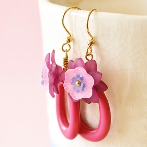 Floral Lucite Pink Hoop Earrings, Floral Fiesta Magenta Lucite Hoop Earrings