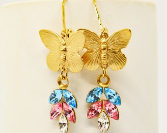 Brass Butterfly, Pastel Rhinestone Leaf Earrings