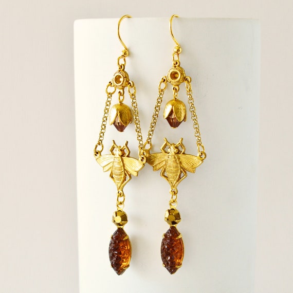 Gold Bumblebee Floral Earrings, Vintage Glass Stones