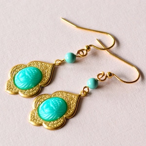 Egyptian Revival Gold Mint Scarab Earrings, Art Deco Scarab Jade Cameo Gold Floral Ornate Pearl Drop Earrings, Gold Dangle Earrings