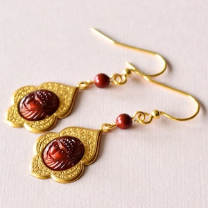 Egyptian Revival Rust Scarab Etched Floral Ornate Pearl Drop Earrings