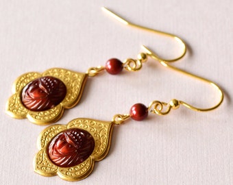 Egyptian Revival Rust Scarab Etched Floral Ornate Pearl Drop Earrings