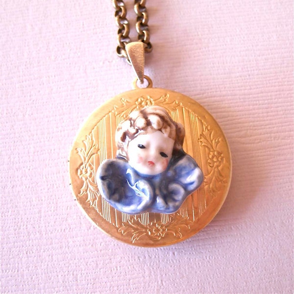 Porcelain Doll Angel Cameo Brass Locket with Pearl and Crystal