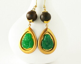 Green Jade Buddha Glass, Brass Teardrop Earrings with Grey Wood Beads